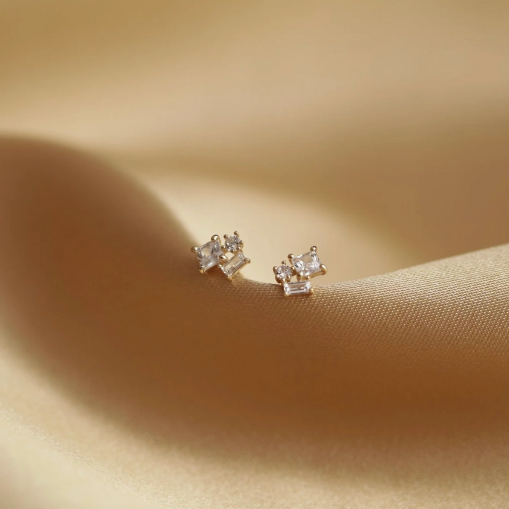 10k Solid Gold Cz Trio Cluster Studs