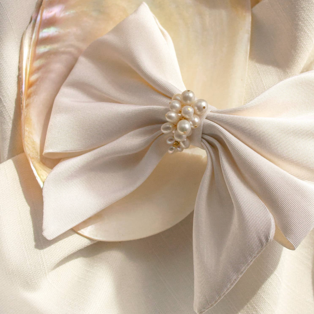 Charlette Pearl And Silk Bow Hair Barrette